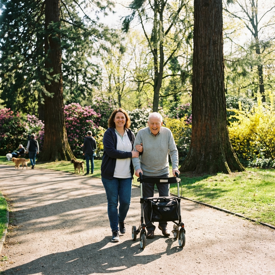 Eine lächelnde Betreuungskraft spaziert an einem sonnigen Frühlingstag mit einem älteren Herrn am Rollator durch einen grünen Park mit großen Bäumen und blühenden Sträuchern.