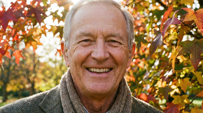 Nahaufnahme des Gesichts eines glücklichen älteren Mannes mit modernen, unauffälligen Hörgeräten, der bei einem Spaziergang im herbstlichen Park entspannt lächelt.