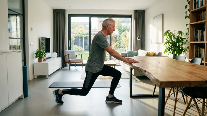 Ein rüstiger Senior in sportlicher Kleidung macht einen kontrollierten Ausfallschritt in einem modernen, aufgeräumten Wohnzimmer. Er stützt sich leicht an einem massiven Holztisch ab.