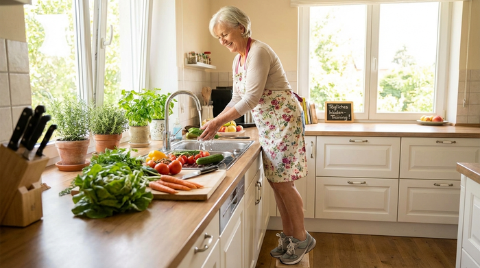 Eine ältere Frau steht gut gelaunt in einer hellen Küche am Waschbecken, wäscht frisches Gemüse und steht dabei sicher auf den Zehenspitzen, um ihre Waden zu trainieren.