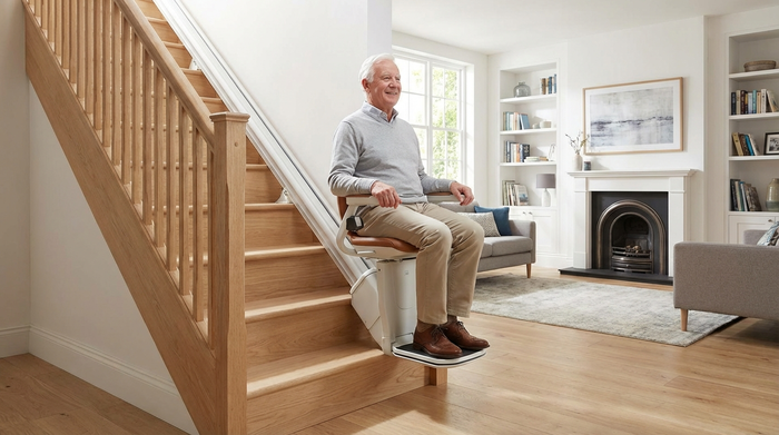 Ein eleganter, moderner Treppenlift fährt an einer hellen Holztreppe in einem gepflegten Einfamilienhaus. Ein rüstiger Senior sitzt entspannt und sicher auf dem gepolsterten Sitz.