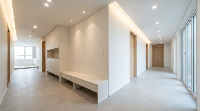 Ein aufgeräumter, heller Flur mit rutschfesten Böden, guter LED-Beleuchtung und komplett freien Laufwegen. Keine losen Teppiche stören das harmonische und sichere Gesamtbild.