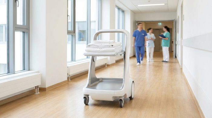 Ein moderner, schlanker Serviceroboter auf Rädern in einem hellen Krankenhausflur, der ein Tablett mit frischer Bettwäsche transportiert. Saubere Umgebung, professionelles Design, Pflegepersonal im Hintergrund, keine Schriftzüge.