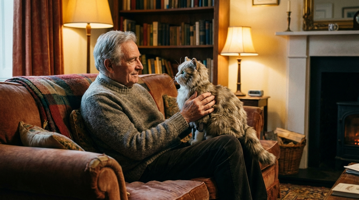 Ein älterer Herr mit grauem Haar sitzt entspannt auf einem Sofa und hält eine lebensecht wirkende, flauschige Roboter-Katze in den Händen. Er blickt die Katze liebevoll an. Warme, heimelige Beleuchtung, realistische Texturen.