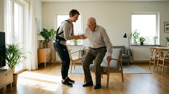 Eine Pflegerin unterstützt einen Senior beim Aufstehen aus einem Sessel und trägt dabei ein unauffälliges, modernes Exoskelett an Beinen und Rücken. Helles Wohnzimmer, ergonomische Unterstützung, realistische und würdevolle Szene.