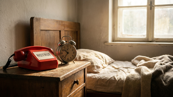 Ein klassischer roter Hausnotruf-Knopf liegt vergessen auf einem hölzernen Nachttisch neben einem Wecker. Sanftes Morgenlicht fällt durch das Fenster auf das Bett.