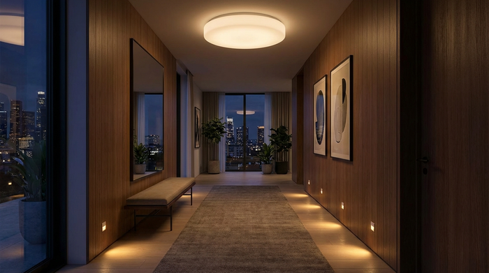Ein stilvoller Flur bei Nacht. Automatische, warme Bodenleuchten weisen den Weg, während eine smarte Deckenlampe sanftes, blendfreies Licht spendet.