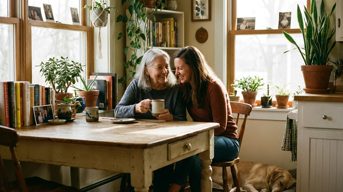 Eine lächelnde ältere Dame sitzt am Küchentisch und trinkt Kaffee, während sie sich entspannt mit ihrer erwachsenen Tochter unterhält. Vertraute, harmonische und liebevolle Stimmung.
