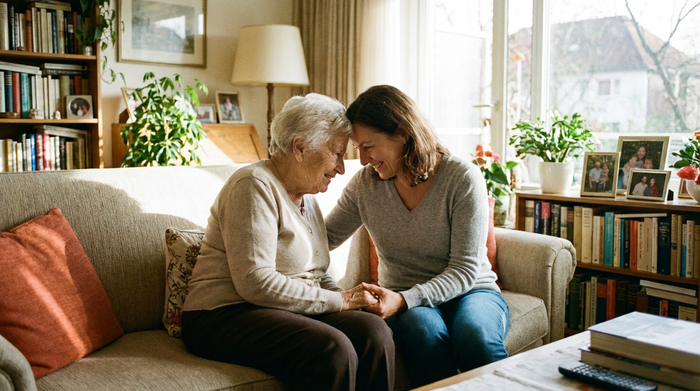 Eine ältere Frau sitzt vertrauensvoll mit ihrer erwachsenen Tochter auf einem Sofa. Die Tochter hält behutsam die Hand ihrer Mutter. Helles, freundliches Wohnzimmer, realistische Szene, emotionale Verbundenheit, keine Texte.