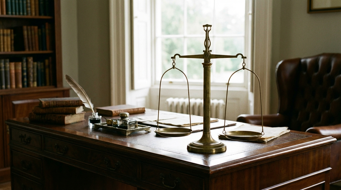 Eine traditionelle Waage aus Messing steht auf einem eleganten Schreibtisch aus dunklem Holz. Sanftes Licht fällt durch ein Fenster im Hintergrund. Ruhige, seriöse Atmosphäre, realistische Darstellung, keine Schriften.
