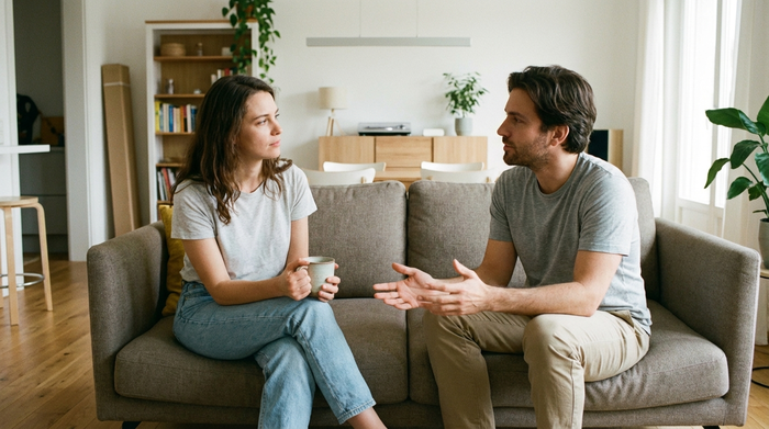 Zwei erwachsene Geschwister, ein Mann und eine Frau, sitzen auf einem Sofa in einem modernen Wohnzimmer und diskutieren ruhig. Die Frau hält eine Tasse Tee, der Mann gestikuliert sanft und verständnisvoll.