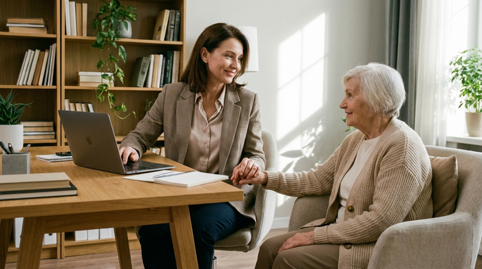 Eine professionell gekleidete Frau mittleren Alters sitzt an einem aufgeräumten Schreibtisch mit einem Laptop, während sie gleichzeitig liebevoll die Hand ihrer älteren Mutter hält, die neben ihr sitzt.