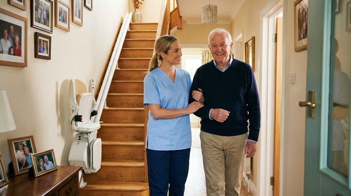 Eine freundliche, professionelle Pflegekraft in hellblauer Berufskleidung hilft einem lächelnden älteren Herrn beim Gehen im heimischen Flur. Im Hintergrund ist ein moderner Treppenlift zu erkennen.
