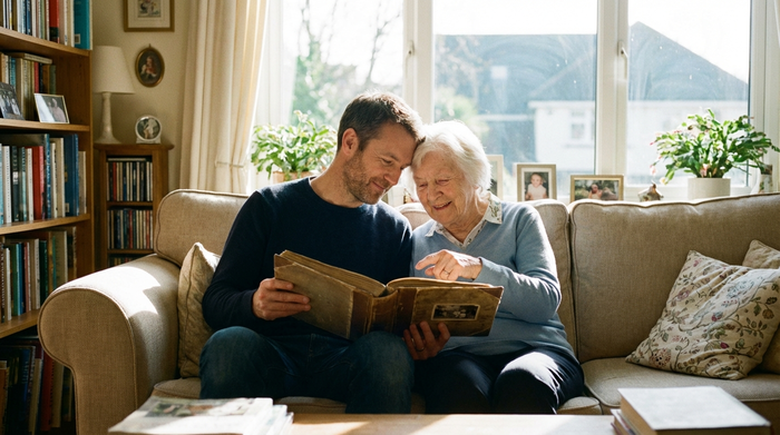 Ein erwachsener Sohn blättert gemeinsam mit seiner an Demenz erkrankten Mutter durch ein altes Fotoalbum in einem gemütlichen, sonnendurchfluteten Raum. Beide wirken entspannt und tief verbunden.
