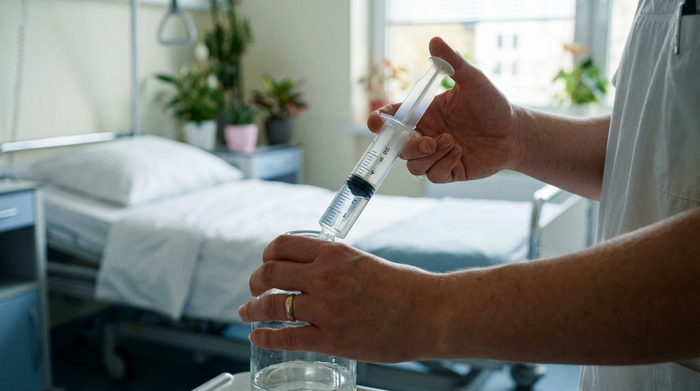 Die sauberen Hände einer Pflegeperson, die vorsichtig klares Wasser in eine große medizinische Spritze aufzieht. Im Hintergrund ein unscharfes, aufgeräumtes Zimmer mit einem Pflegebett. Ruhige und konzentrierte Stimmung.