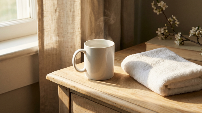 Eine weiße Tasse mit warmem Wasser und ein weiches, sauberes Handtuch liegen auf einem hellen Holznachttisch. Sanftes Sonnenlicht beleuchtet die Szene, die Ruhe, Sauberkeit und Geduld ausstrahlt.
