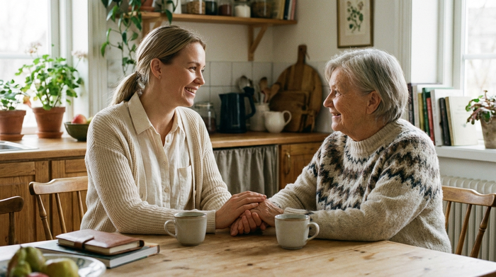 Zwei Frauen sitzen entspannt bei einer Tasse Kaffee am Küchentisch und lächeln sich freundlich an. Eine jüngere Pflegekraft in heller Kleidung und eine ältere Angehörige im harmonischen Gespräch. Entspannte, vertrauensvolle Atmosphäre.