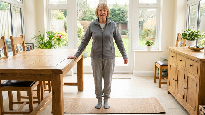 Eine ältere Dame in bequemer Sportkleidung steht sicher auf einer rutschfesten Matte in einem hellen Raum und hält sich an einer massiven Tischkante fest, bereit für leichte Übungen.