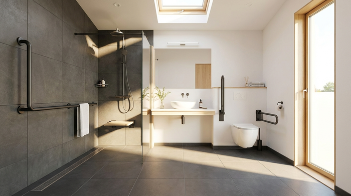 Ein modernes, helles und barrierefreies Badezimmer mit einer bodengleichen Dusche, rutschfesten anthrazitfarbenen Bodenfliesen und einem eleganten, stabilen Haltegriff an der Wand.