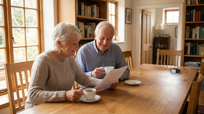 Ein älteres Ehepaar sitzt entspannt am Esstisch, trinkt Tee und schaut zufrieden auf ein Dokument. Im Hintergrund ist ein modernes Hausnotruf-Armband auf dem Tisch zu erkennen.