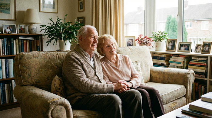 Ein älteres Ehepaar sitzt vertraut auf einem Sofa im hellen, gemütlichen Wohnzimmer und hält sich an den Händen. Ruhige, nachdenkliche Stimmung, realistisches Fotomotiv, keine Schrift oder Symbole im Bild.
