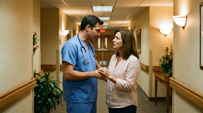 Ein Arzt in blauer Arbeitskleidung spricht auf einem ruhigen Krankenhausflur einfühlsam mit einer besorgten Angehörigen. Warme Beleuchtung, professionelles Umfeld, Gestik von Vertrauen und Dringlichkeit, keine Texte.