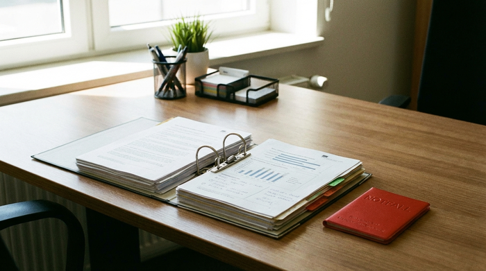 Ein geöffneter, ordentlicher Aktenordner mit wichtigen Dokumenten auf einem gepflegten Holzschreibtisch. Daneben liegt ein rotes Notfall-Kärtchen. Helles Tageslicht, aufgeräumte und strukturierte Szene, realistisch, keine lesbaren Texte.