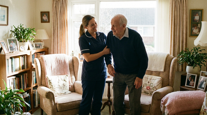 Eine freundliche Pflegekraft hilft einem älteren Herrn liebevoll und stützend beim Aufstehen aus einem komfortablen Sessel. Helles, gemütliches Wohnzimmer, positive und unterstützende Atmosphäre, keine Textelemente.