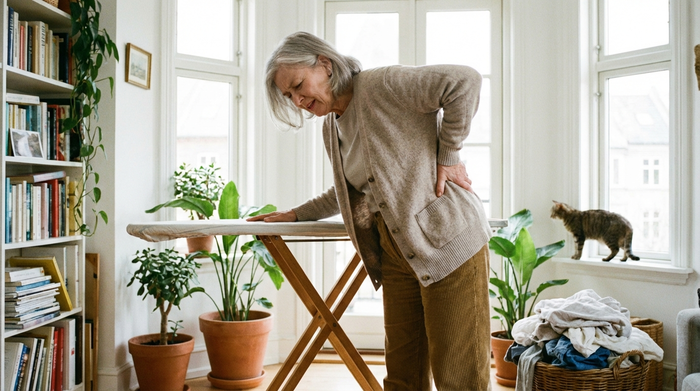 Eine ältere Person steht leicht vorgebeugt an einem herkömmlichen Bügelbrett in einem hellen Raum. Sie hält sich mit einer Hand den unteren Rücken, um leichte Verspannungen anzudeuten. Realistische, alltägliche Szene ohne dramatische Übertreibung.