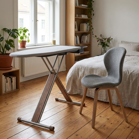 Ein moderner, stufenlos höhenverstellbarer Bügeltisch mit T-förmigem Untergestell, das viel Beinfreiheit bietet. Daneben steht ein gepolsterter, ergonomischer Bügelstuhl ohne Armlehnen in einem gemütlichen, gut beleuchteten Schlafzimmer.