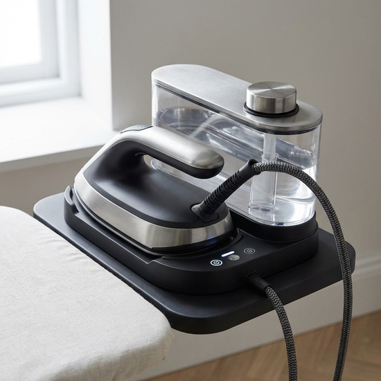 Eine kompakte, moderne Dampfbügelstation steht sicher auf der breiten Ablagefläche eines Bügelbretts. Das Handteil ist schlank und elegant, während der große Wassertank fest auf der Station ruht. Hochwertige Nahaufnahme.