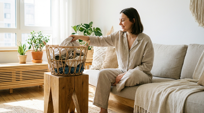 Ein geflochtener Wäschekorb steht in bequemer Greifhöhe auf einem kleinen, stabilen Holzhocker direkt neben einer sitzenden Person. Die Person greift entspannt nach einem Kleidungsstück, ohne sich bücken zu müssen. Helles, freundliches Zimmer.