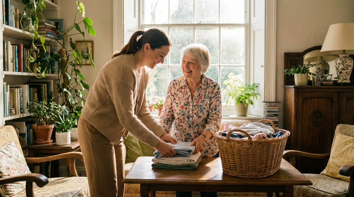 Eine freundliche, professionelle Alltagsbegleiterin in gepflegter Alltagskleidung hilft einer lächelnden älteren Dame beim Zusammenlegen von frischer Wäsche im heimischen Wohnzimmer. Vertrauensvolle, warme Atmosphäre, sonnendurchfluteter Raum.