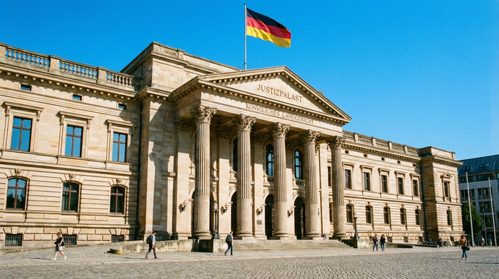 Ein elegantes, historisches Gerichtsgebäude in Deutschland mit großen Steinsäulen und einer wehenden Flagge bei strahlend blauem Himmel. Realistische Architekturfotografie.