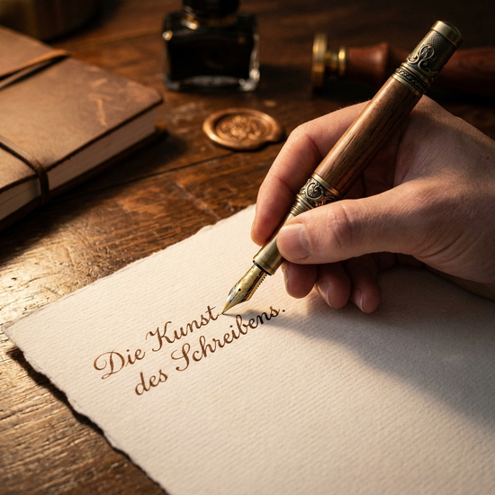 Eine Nahaufnahme einer Hand, die mit einem edlen Füllfederhalter auf hochwertigem, dickem Papier schreibt. Elegantes Holztisch-Setting mit weichem, warmem Licht.