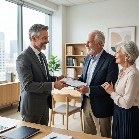 Ein seriöser Notar in einem hellen, modernen Büro, der einem älteren Paar freundlich ein Dokument überreicht. Professionelle und vertrauensvolle Stimmung.