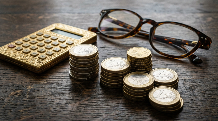 Ein goldener Taschenrechner liegt neben ordentlich gestapelten Euro-Münzen und einer Lesebrille auf einem dunklen Eichenholztisch. Makroaufnahme, Fokus auf die Münzen.