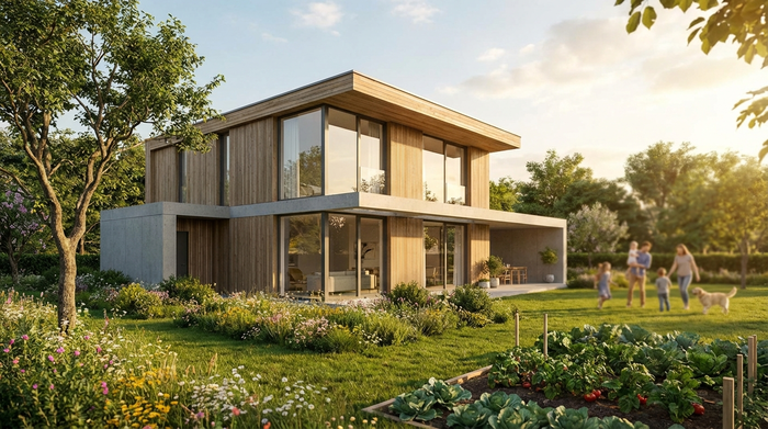 Ein modernes, freistehendes Einfamilienhaus mit einem gepflegten, grünen Garten im sanften Nachmittagslicht. Eine glückliche Familie steht unscharf im Hintergrund.