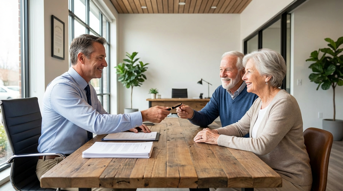 Ein freundlicher Notar in einem hellen, modernen Büro reicht einem lächelnden Seniorenpaar einen eleganten Füllfederhalter über den Schreibtisch. Auf dem massiven Holztisch liegen ordentlich sortierte Dokumente. Vertrauensvolle und professionelle Stimmung.