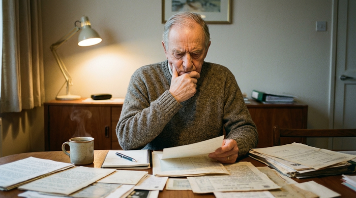 Ein nachdenklicher älterer Herr sitzt am Esstisch und betrachtet konzentriert einige Papiere. Eine Tasse Tee steht neben ihm. Das Zimmer ist ordentlich, warme Beleuchtung, die Stimmung wirkt ernsthaft und abwägend.