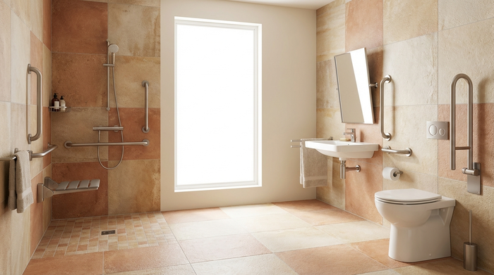 Ein modern renoviertes, helles und komplett barrierefreies Badezimmer. Es verfügt über eine großzügige, bodengleiche Dusche mit eleganten Haltegriffen an den Wänden, rutschfeste Fliesen in warmen Erdtönen und viel Tageslicht.