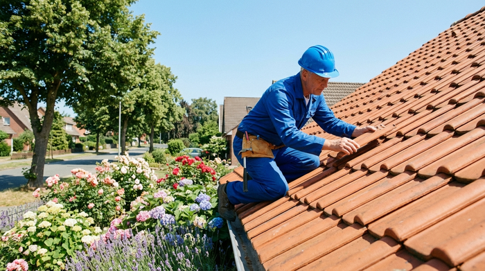 Ein erfahrener Handwerker in sauberer Arbeitskleidung inspiziert fachmännisch das Ziegeldach eines gepflegten Einfamilienhauses bei strahlend blauem Himmel. Im Vorgarten blühen bunte Blumen, eine friedliche Vorstadtszene.