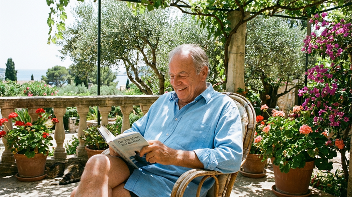 Ein älterer Herr sitzt entspannt im Schatten auf einer sonnigen Terrasse und liest ein Buch. Er trägt ein leichtes, luftiges Baumwollhemd, das seinen Oberkörper vollständig bedeckt und vor direkter Sonneneinstrahlung schützt. Die Umgebung ist sommerlich und friedlich.