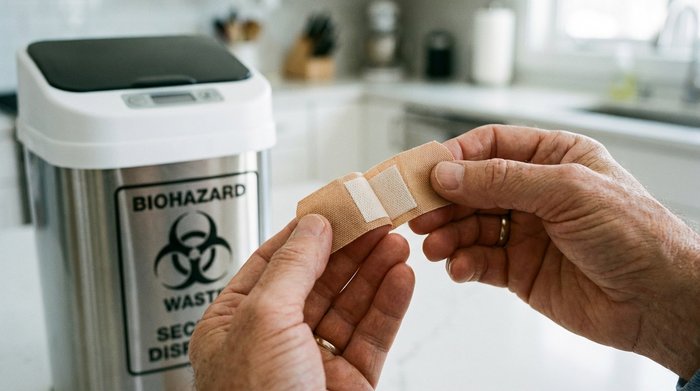 Eine Detailaufnahme: Zwei Hände falten ein helles medizinisches Pflaster sorgfältig in der Mitte zusammen, sodass die klebenden Seiten fest aneinanderhaften. Im unscharfen Hintergrund steht ein geschlossener, sicherer Mülleimer in einer aufgeräumten Küche.