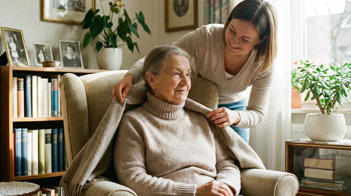 Eine ältere Frau mit sanftem Gesichtsausdruck trägt ein bequemes, hochgeschlossenes Oberteil. Eine jüngere Pflegeperson steht beruhigend hinter ihr und legt ihr behutsam ein weiches Tuch über die Schultern. Die Szene drückt Geduld, Sicherheit und liebevolle Betreuung aus.