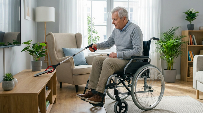 Ein Senior im Rollstuhl nutzt eine Greifzange mit gummierten Backen, um sicher eine leichte Fernbedienung von einem niedrigen Regalbrett aufzuheben. Das Wohnzimmer ist aufgeräumt und modern eingerichtet.