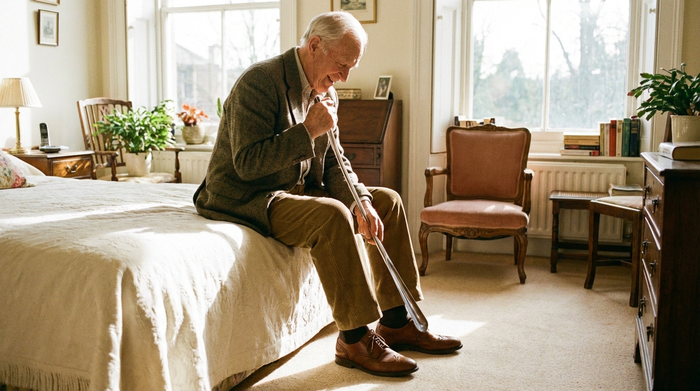 Ein älterer Herr sitzt auf der Bettkante in einem lichtdurchfluteten Schlafzimmer und zieht sich mit einem extralangen, metallenen Schuhanzieher bequem seine braunen Halbschuhe an, ohne sich bücken zu müssen.