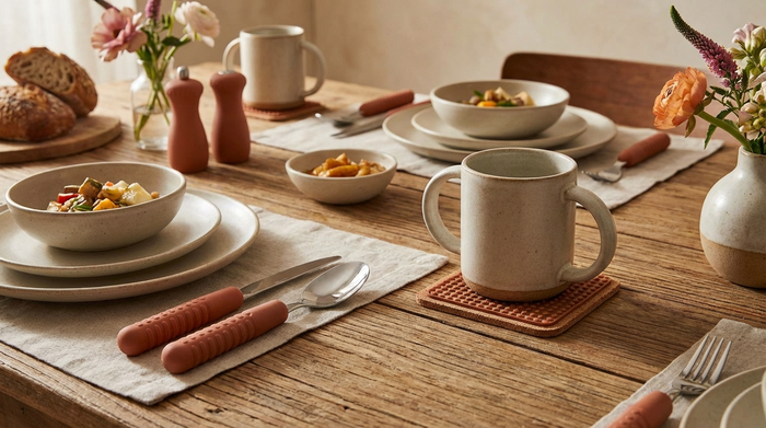 Ein ansprechend gedeckter Esstisch mit ergonomischem Besteck, das dicke, rutschfeste Silikongriffe hat. Daneben steht ein formschöner Becher mit zwei großen Henkeln auf einer dezenten, rutschfesten Unterlage.