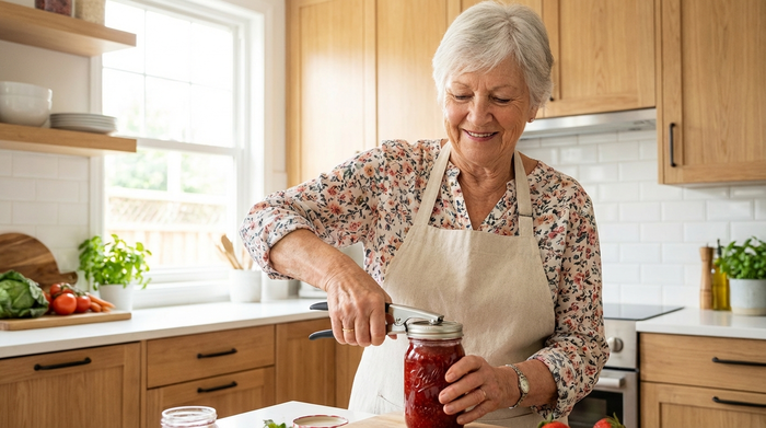 Eine ältere Dame steht in einer hellen, sauberen Küche und öffnet ein Marmeladenglas mühelos mit einem speziellen, hebelverstärkten Deckelöffner. Sie wirkt entspannt und zufrieden.