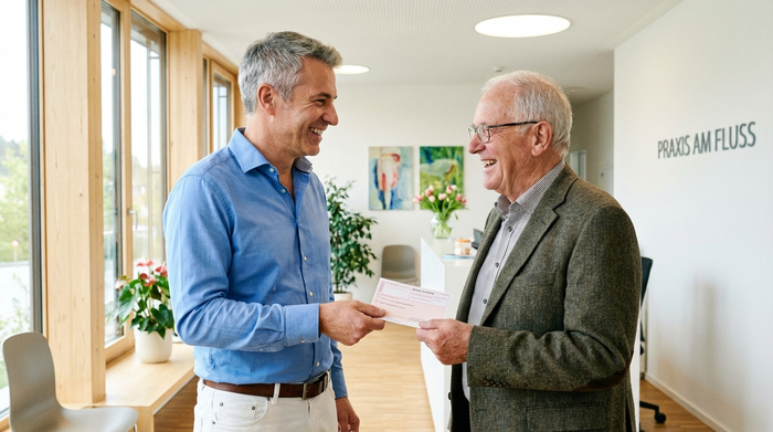 Ein freundlicher Arzt in einer hellen, modernen Praxis überreicht einem aufmerksamen Senior ein ärztliches Rezept. Beide lächeln sich vertrauensvoll an.